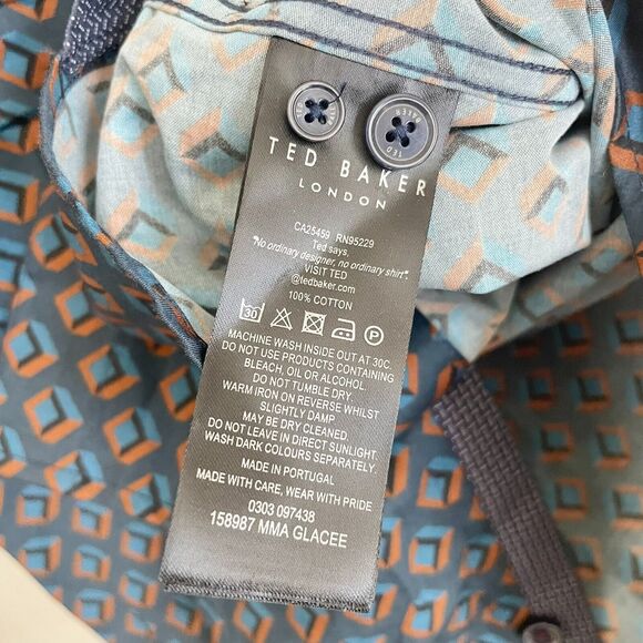 Ted Baker London Mens Long Sleeve Argyle Pattern Button Up Shirt Blue Size 1 - Picture 9 of 11